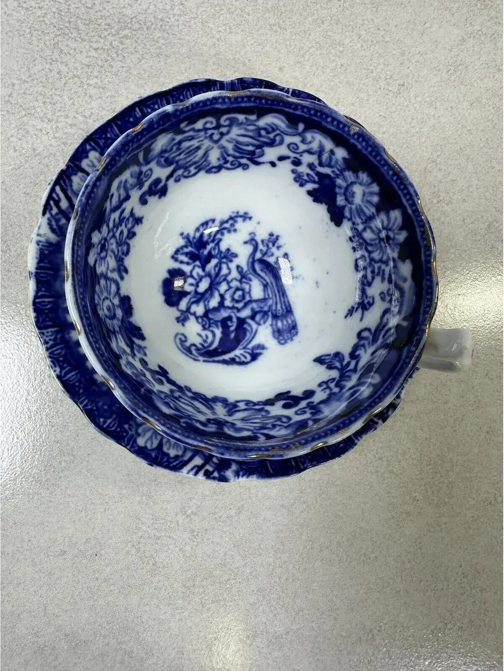 VTG Blue Willow Flow Blue Peacock Teacup & Saucer Gold Trim Set
